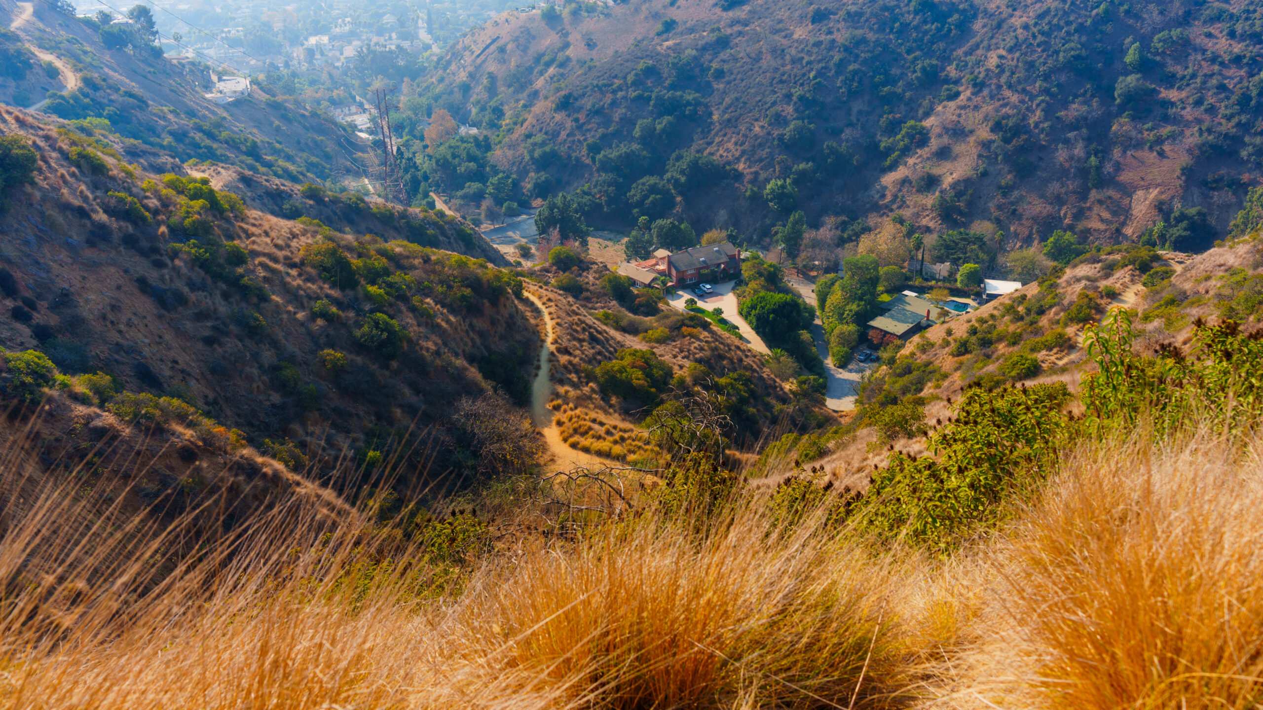 Stunning aerial view of Runyon Canyon, showcasing hillside homes and smoky skies during wildfires in Los Angeles.