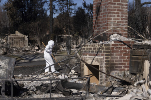 Altadena residents Reuben Sasaki and Nicole Chin walk through their property after the Eaton Fire on January 24, 2025. (Mayra Beltran / Los Angeles County)