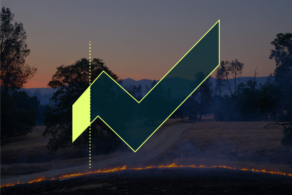 Prescribed fire photograph overlaid with a graphic describing wildfire resilience funding progress.